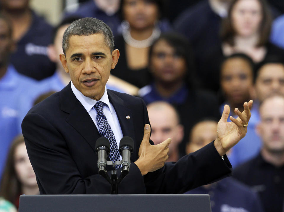 President Barack Obama gestures during a speech on the economy,Friday, March 9, 2012, at the Rolls Royce aircraft engine part production plant in Prince George, Va. (AP Photo/Steve Helber)