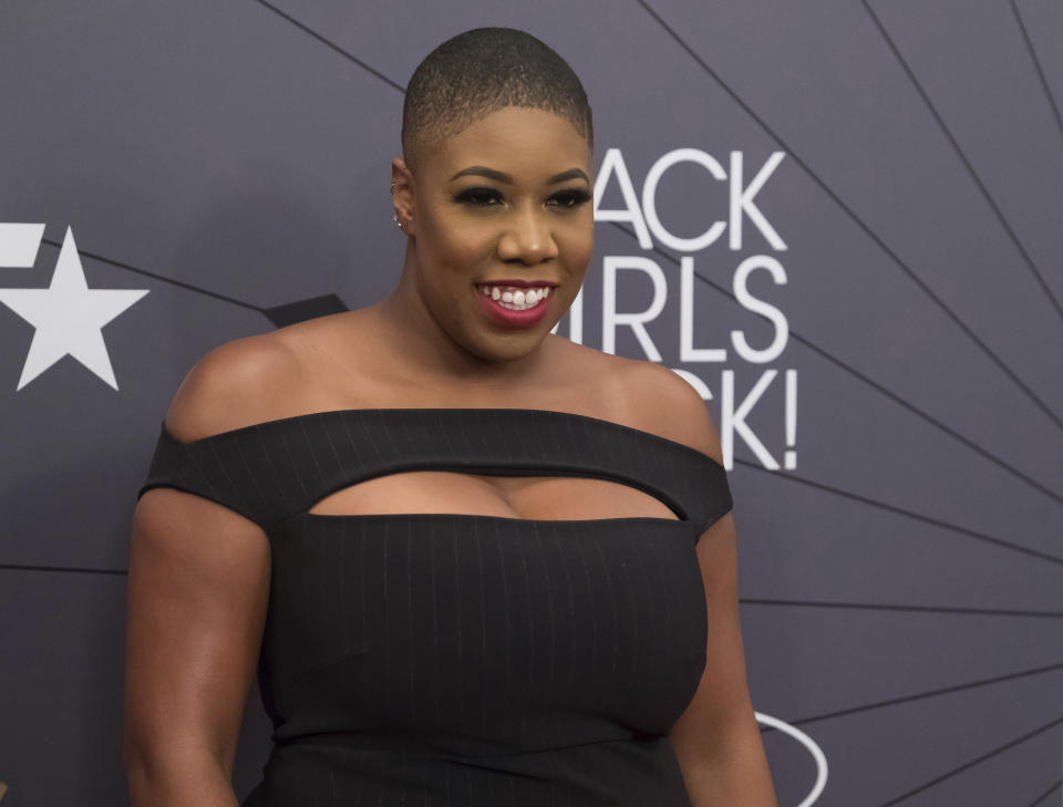 FILE - Symone Sanders-Townsend attends the Black Girls Rock! Awards at New Jersey Performing Arts Center on Sunday, Aug. 26, 2018, in Newark, N.J. Sanders-Townsend will join Alicia Menendez and Michael Steele as hosts of the new MSNBC show, “The Weekend,” airing for two hours starting at 8 a.m. Eastern on Saturday and Sunday. (Photo by Charles Sykes/Invision/AP, File)