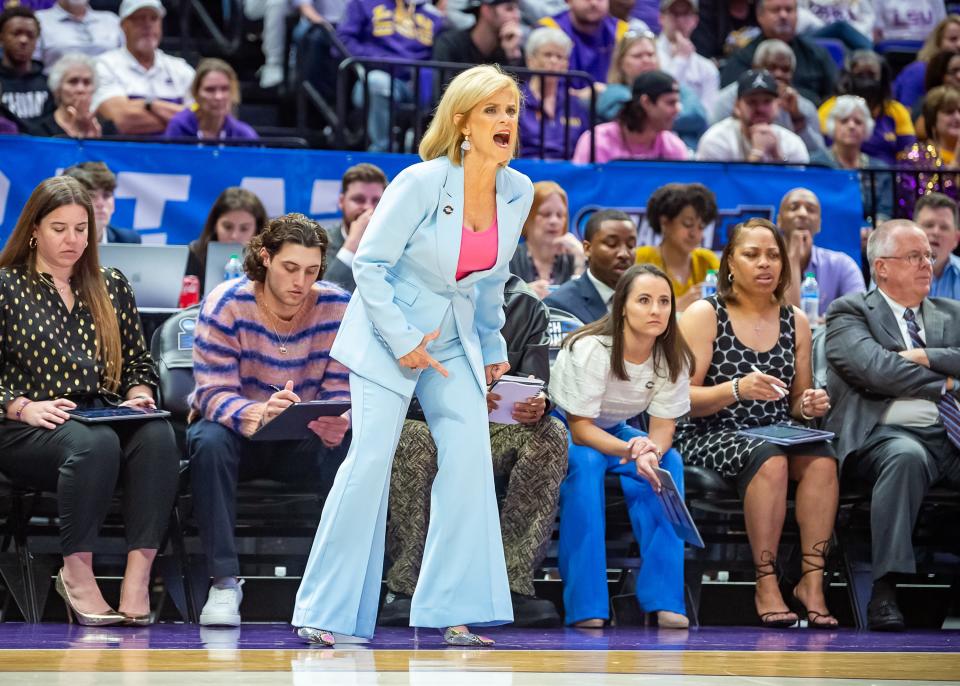 Tigers Head Coach Kim Mulkey as The LSU Tigers take on the Rice Owls in the 1st round of the 2024 NCAA Tournament in Baton Rouge, LA at the Pete Maravich Assembly Center. Friday, March 22, 2024.