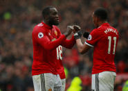<p>Manchester United’s Anthony Martial celebrates scoring the first goal with Romelu Lukaku</p>