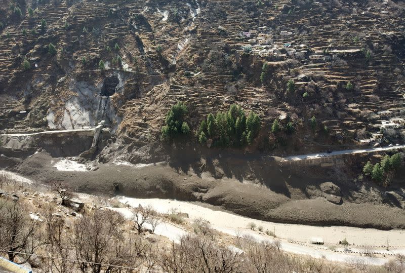 A view of damaged dam after a Himalayan glacier broke and crashed into the dam at Raini Chak Lata