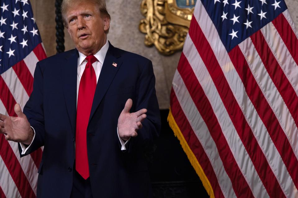 Republican presidential candidate, former President Donald Trump speaks in the library at Mar-a-Lago on March 4, 2024 in Palm Beach, Florida. The U.S. Supreme Court ruled that Trump can appear on this year's ballot after the Colorado Supreme Court said he was disqualified from being president again and ineligible for the state's primary. (Alon Skuy/Getty Images/TNS) ORG XMIT: 105116434W