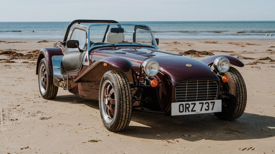The Caterham Super Seven 600 automobile on a beach in Wales.