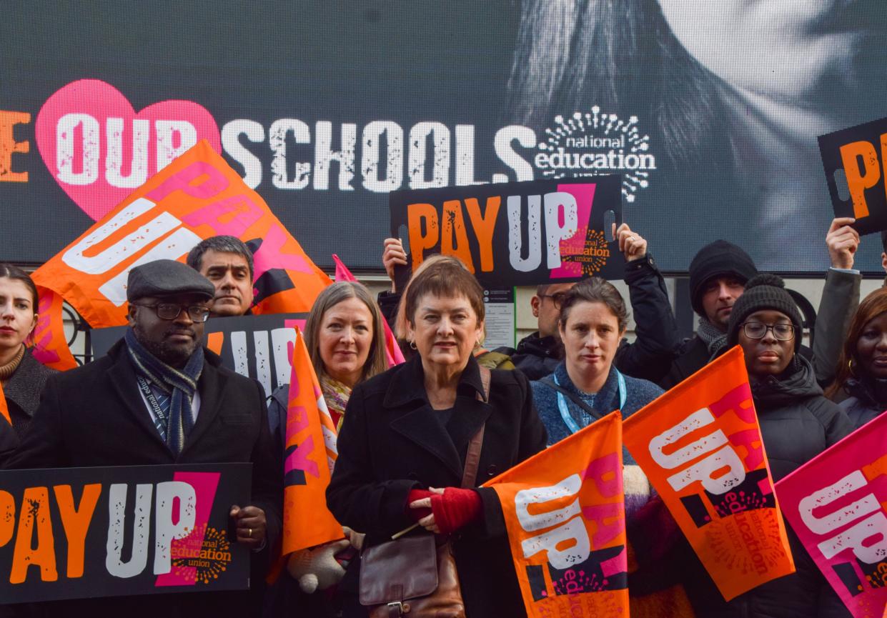 London, UK. 18th January 2023. Mary Bousted, joint general secretary of the National Education Union, launches the 'Pay Up, Save Our Schools' campaign in Central London ahead of the teachers' strike on 1st February. Credit: Vuk Valcic/Alamy Live News