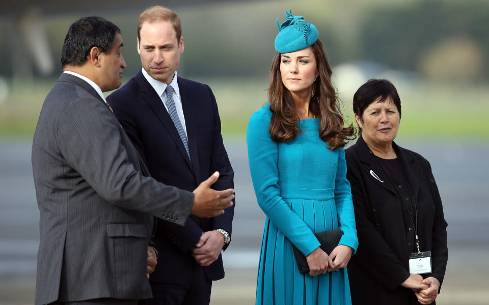 <p>Kate rocked an aquamarine Emilia Wickstead dress and Jane Taylor hat while arriving at Dunedin International Airport in Dunedin, New Zealand.</p>