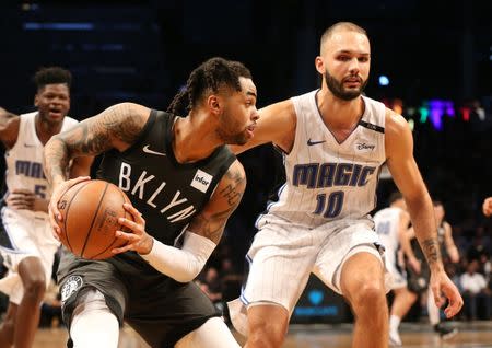 Jan 23, 2019; Brooklyn, NY, USA; Brooklyn Nets guard D'Angelo Russell (1) controls the ball against Orlando Magic guard Evan Fournier (10) during the second half at Barclays Center. Mandatory Credit: Andy Marlin-USA TODAY Sports