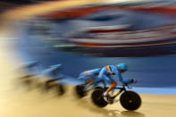 The Men's Team Pursuit squad of Belgium form a paceline during a Track Cycling practise session ahead of the London 2012 Olympic Games at the Velodrome in Olympic Park on July 27, 2012 in London, England. (Photo by Lars Baron/Getty Images)