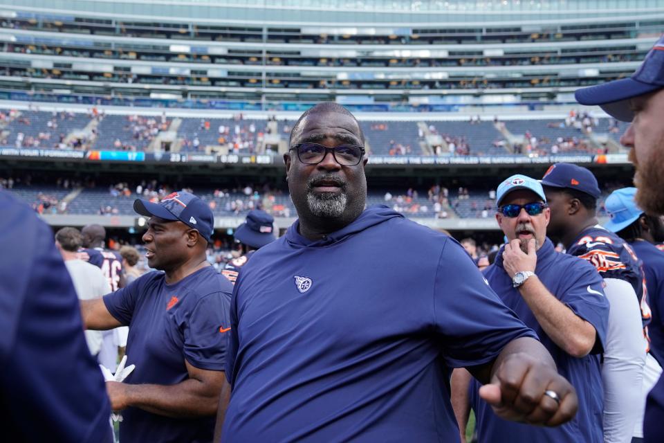 Tennessee Titans Assistant head coach/defensive line coach Terrell Williams walks across the field after an NFL preseason football game against the Chicago Bears, Saturday, Aug. 12, 2023, in Chicago. (AP Photo/Erin Hooley)