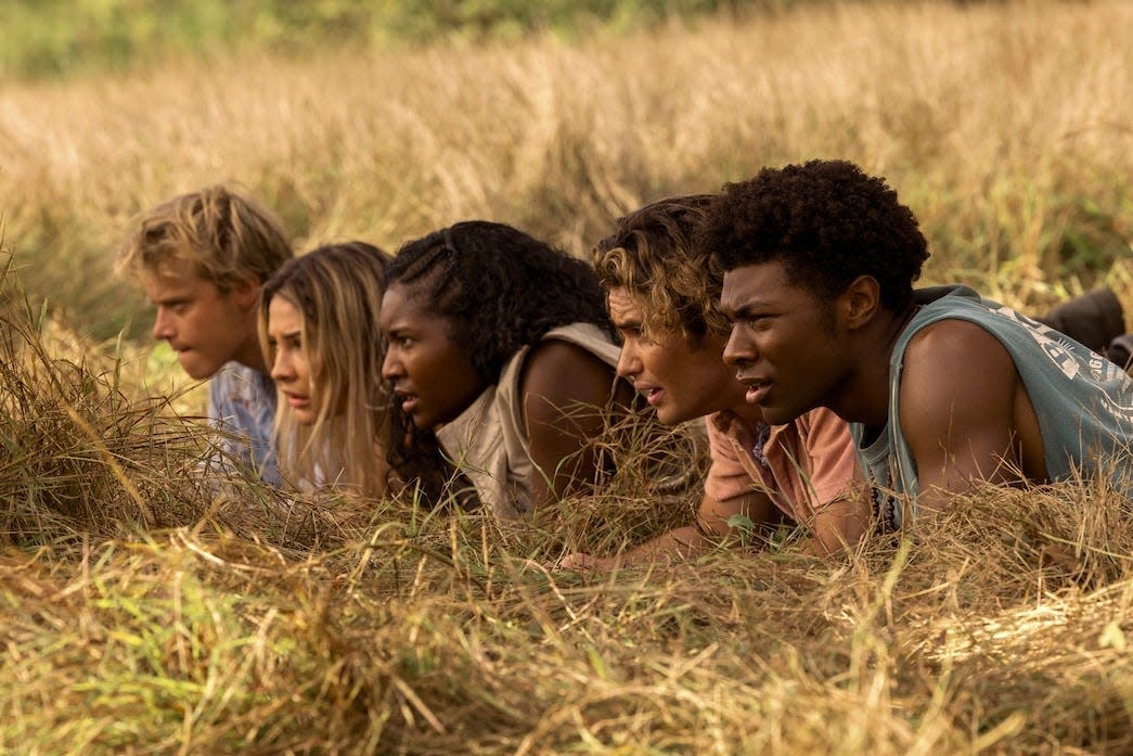 (L-R) Rudy Pankow as JJ, Madelyn Cline as Sarah Cameron, Carlacia Grant as Cleo, Chase Stokes as John B. and Jonathan Daviss as Pope. Season 3 of "Outer Banks" comes out on Netflix Feb. 23.