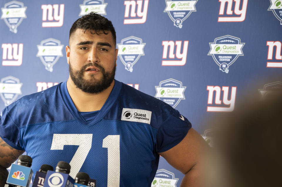 New York Giants offensive guard Will Hernandez speaks to the media at NFL football training camp, Wednesday, July 28, 2021, in East Rutherford, N.J. (AP Photo/Corey Sipkin)