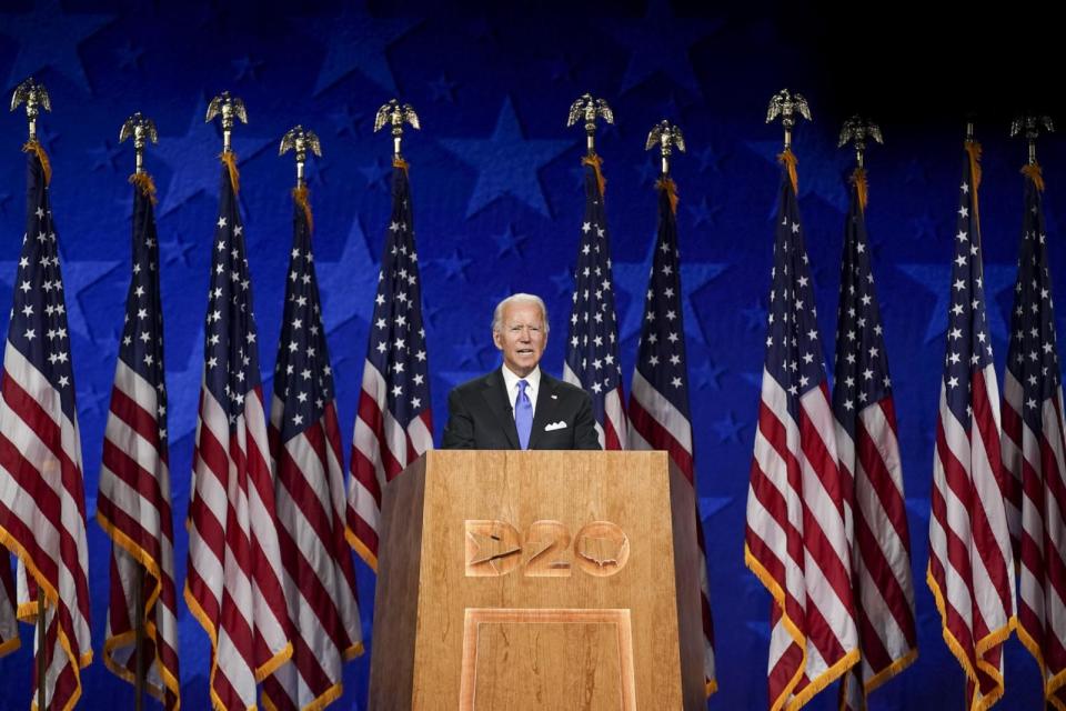PHOTO: Democratic presidential nominee Joe Biden speaks during the Democratic National Convention at the Chase Center in Wilmington, Delaware, Aug. 20, 2020.  (Stefani Reynolds/Bloomberg via Getty Images)