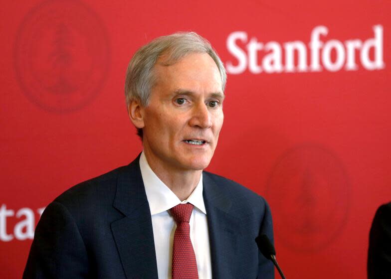 Marc Tessier-Lavigne speaks to the media at Stanford University in Stanford, Calif., on Feb. 4, 2016. Tessier-Lavigne, the president of Stanford University said Wednesday, July 19, 2023, he would resign, citing an independent review that cleared him of research misconduct but found flaws in other papers authored by his lab. Tessier-Lavigne said in a statement to students and staff that he would step down Aug. 31. (Patrick Tehan/Bay Area News Group via AP)