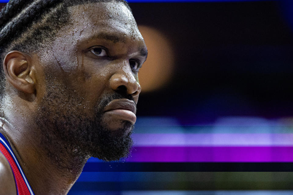 Apr 12, 2024; Philadelphia, Pennsylvania, USA; Philadelphia 76ers center Joel Embiid (21) looks on during a break in the third quarter against the Orlando Magic at Wells Fargo Center. Mandatory Credit: Bill Streicher-USA TODAY Sports