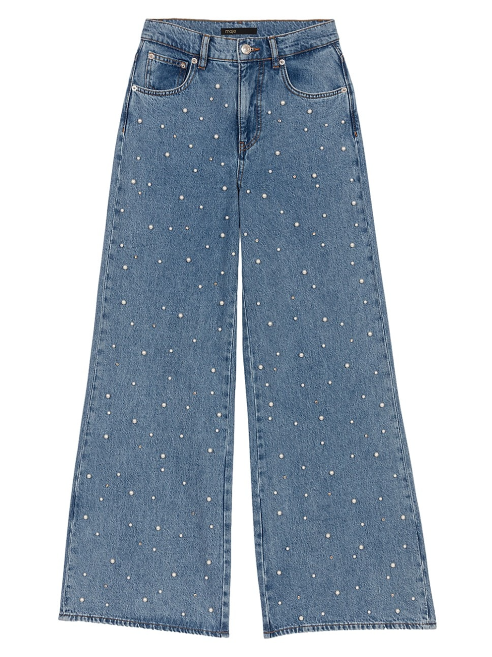 Maje Pearl-Studded High-Rise Wide-Leg Jeans