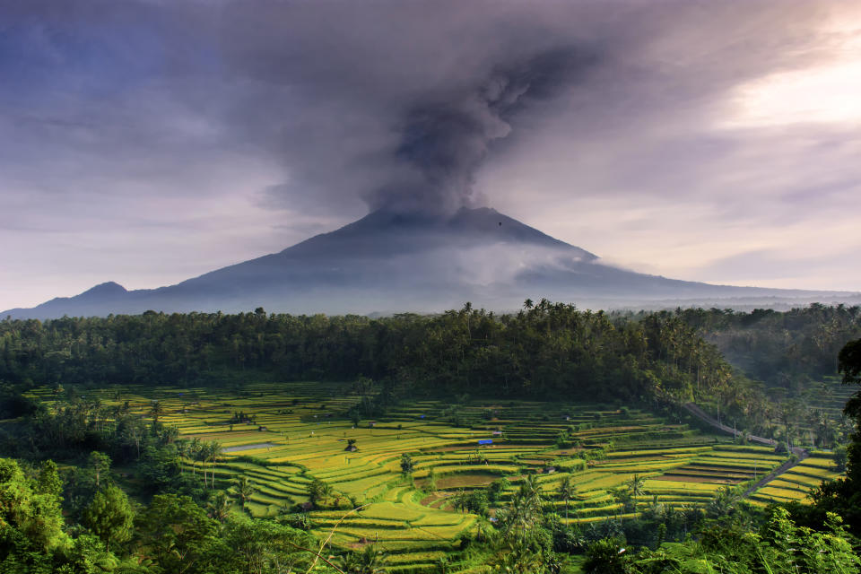 morning scenery with the eruption of mount Agung, Bali taken at 11/27/2017 from beaskih area