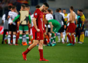 <p>Soccer Football – Champions League Semi Final Second Leg – AS Roma v Liverpool – Stadio Olimpico, Rome, Italy – May 2, 2018 Roma’s Konstantinos Manolas looks dejected after the match REUTERS/Tony Gentile </p>