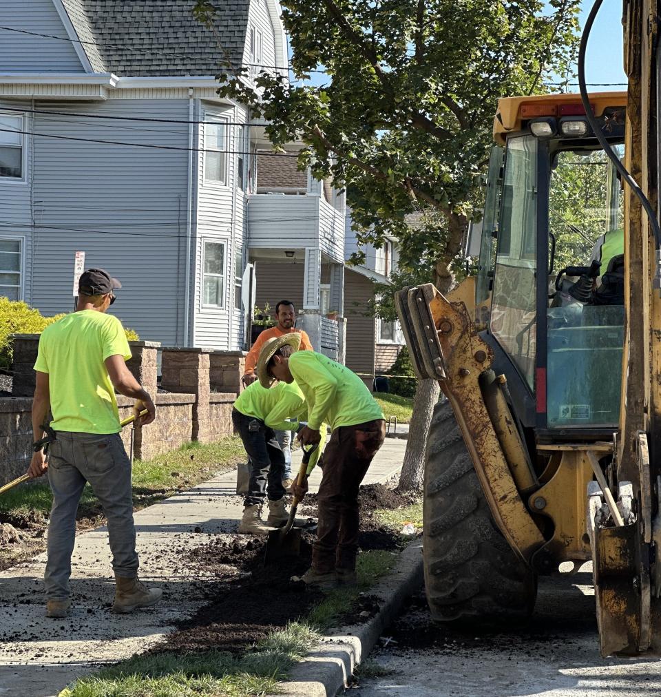 Workers replace sidewalks on Fairview Avenue in Prospect Park.