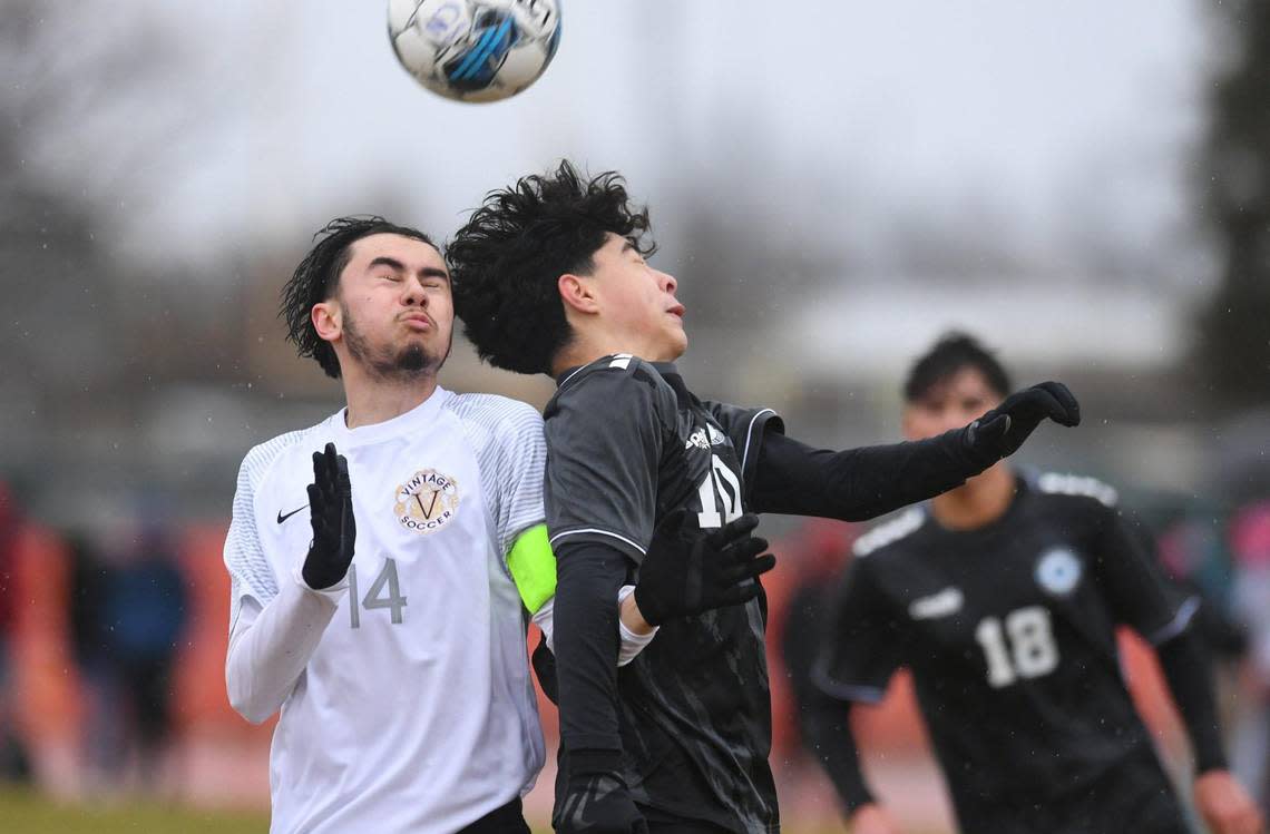 Vintage_Napa’s Noel Lopez, left, with Clovis North’s Javier Moran to the right, in the CIF Northern California Regional boys playoff game Tuesday, Feb. 2, 2023 in Clovis. Clovis North shutout Vintage-Napa 2-0.