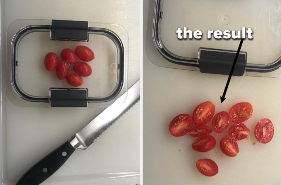 A composite photo of slicing tomatoes with a Tupperware lid