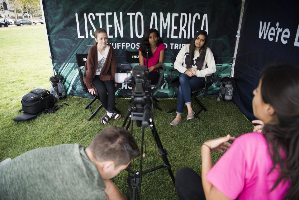 Driscoll, Sakthiuel and Pabla&nbsp;sit for a video interview at Schenley Plaza.