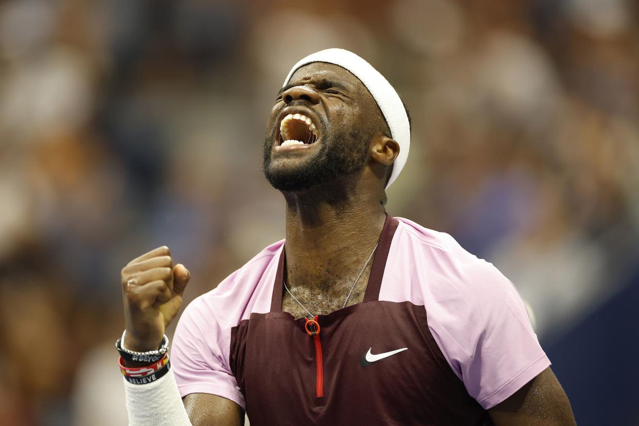 Frances Tiafoe of the United States celebrates a point against Rafael Nadal of Spain during their Men’s Singles Fourth Round match on Day Eight of the 2022 U.S. Open at USTA Billie Jean King National Tennis Center on Sept. 5, 2022, in Flushing, Queens.