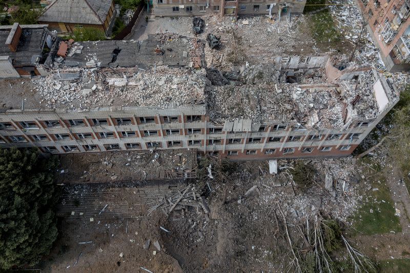 A destroyed building is seen after a rocket attack on a university campus, amid Russia's invasion, in Bakhmut