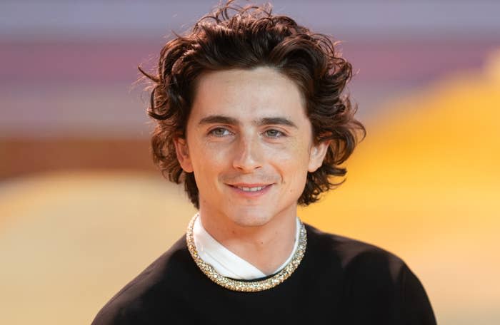 Timothée Chalamet at an event, wearing a stylish dark outfit with a statement necklace