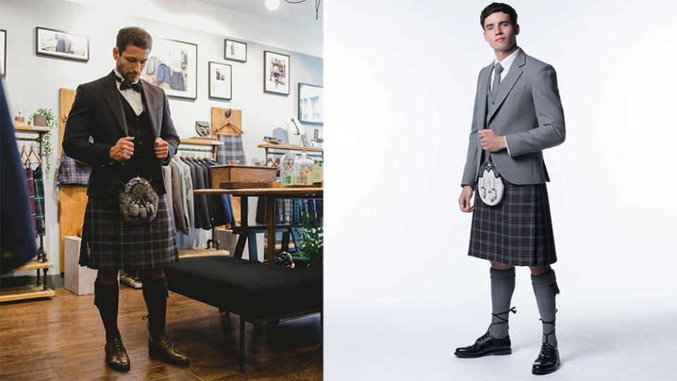 Being fit at MacGregor & MacDuff’s shop; a model wearing the Lomond tweed kilt outfit. - Credit: MacGregor & MacDuff