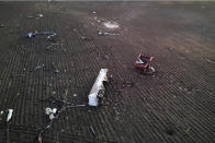 An aerial view of the damage along North Tolles Road Friday morning, Feb. 9, 2024, after a confirmed tornado went through the area just northwest of Evansville, Wis., the prior evening. The tornado was the first-ever reported in February in the state of Wisconsin, according to the National Weather Service. (Anthony Wahl//The Janesville Gazette via AP)