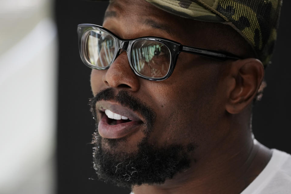 Buffalo Bills linebacker Von Miller speaks with media after a practice session in Watford, Hertfordshire, England, north-west of London, Friday, Oct. 6, 2023. The Buffalo Bills will take on the Jacksonville Jaguars in a regular season game at Tottenham Hotspur Stadium on Sunday. (AP Photo/Steve Luciano)