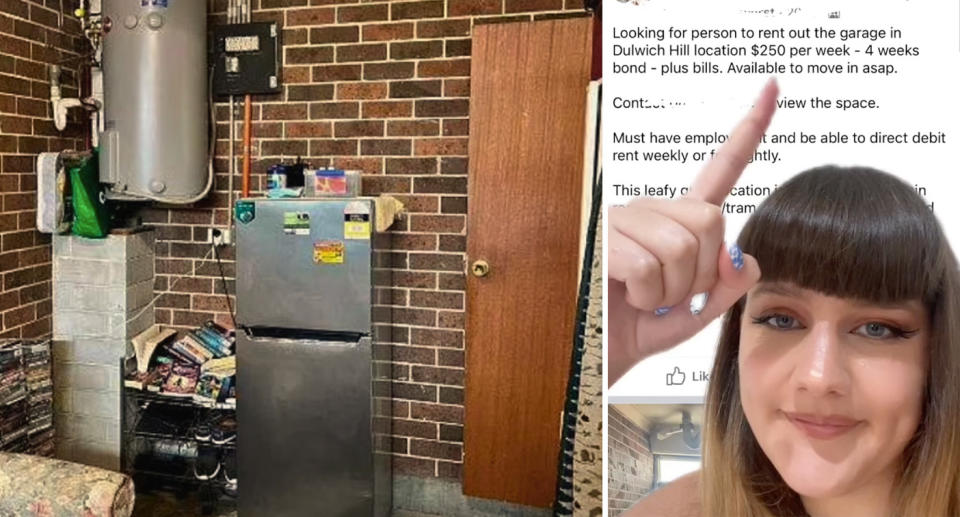 Left, a fridge stands at the other end of the garage beside the boiler on the wall. Right, the TikToker points to the ad online. 