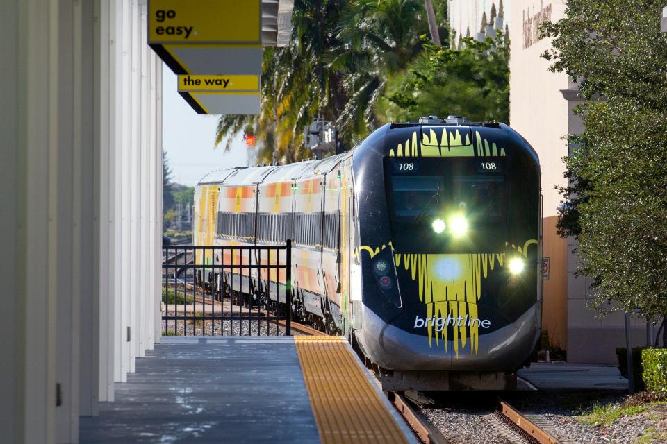 A northbound train arrives at the Brightline station in downtown West Palm Beach Monday, November 8, 2021.