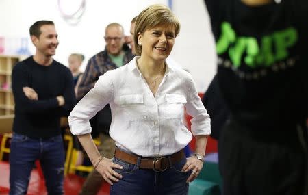 Nicola Sturgeon, the leader of the Scottish National Party, visits Jump Gymnastics community club in Cumbernauld during a campaign event, Scotland, April 26, 2015. REUTERS/Russell Cheyne