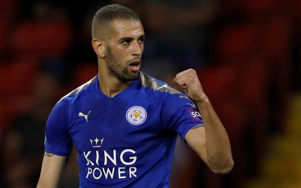 Leicester City's Islam Slimani celebrates scoring a goal. - REUTERS