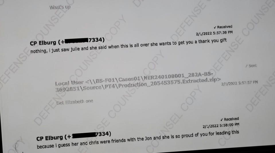 A copy of text messages between Trooper Michael Proctor and his sister Courtney Elberg regarding a thank you appears on a screen during the murder trial of Karen Read in Norfolk Superior Court in Dedham, Massachusetts, Wednesday, June 12, 2024. (Greg Derr/ The Patriot Ledger via AP, Pool)