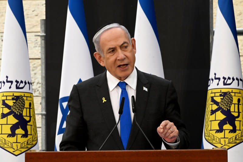 Israeli Prime Minister Benjamin Netanyahu told a ceremony marking Memorial Day for fallen soldiers of and victims of attacks at Jerusalem's Mount Herzl military cemetery that the fight against Hamas would continue until Israel was victorious and was able to "bring our hostages home." Photo by Debbie Hill/ UPI