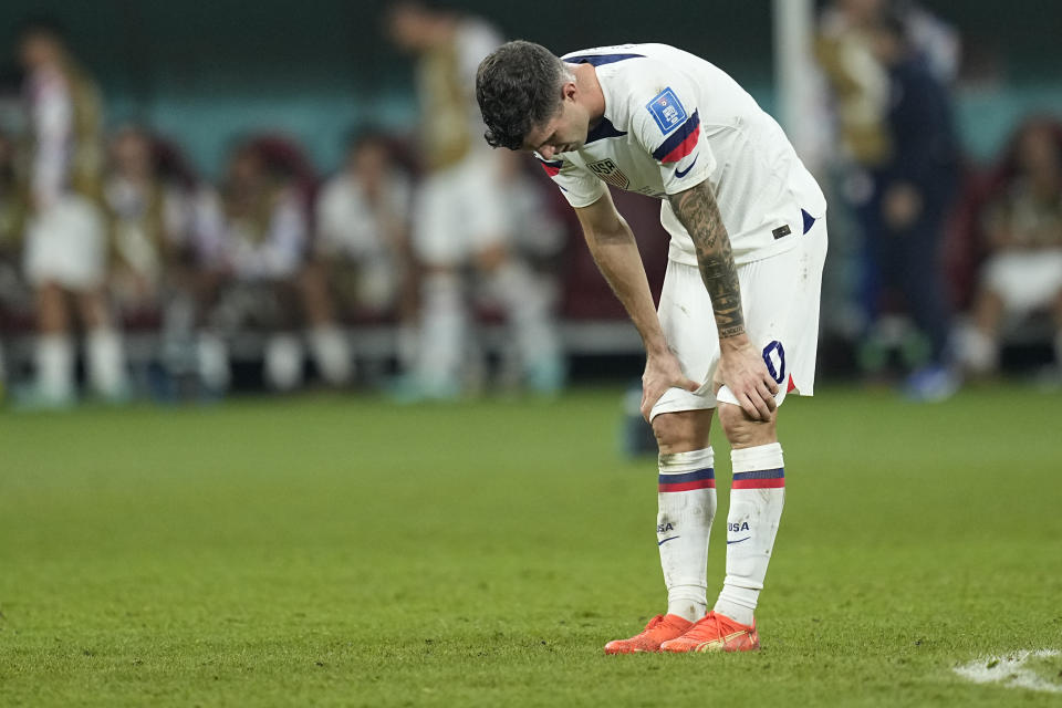 Christian Pulisic of the United States is dejected after the World Cup round of 16 soccer match between the Netherlands and the United States, at the Khalifa International Stadium in Doha, Qatar, Saturday, Dec. 3, 2022. Netherlands won 3-1. (AP Photo/Ebrahim Noroozi)