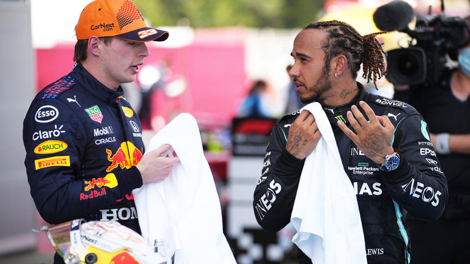 Max Verstappen and Lewis Hamilton are locked in an intense F1 championship battle, despite neither driver scoring points in the Azerbaijan Grand Prix. (Photo by Emilio Morenatti - Pool/Getty Images)