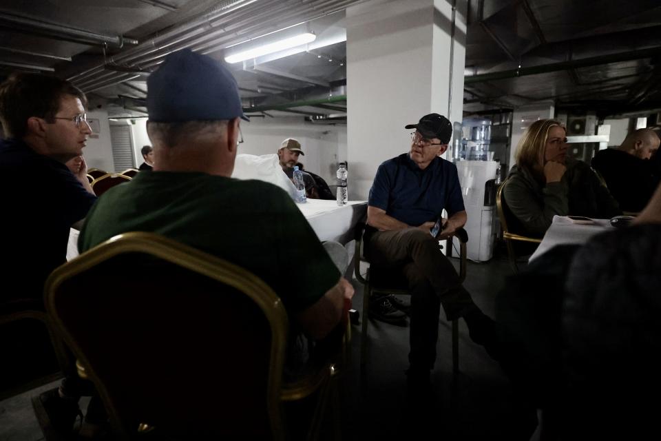 Utah Senate President Stuart Adams, R-Layton, sits with other members of the Utah trade delegation in Kyiv, Ukraine, and talks as they spent a portion of the night and early morning in the shelter, May 3, 2023.