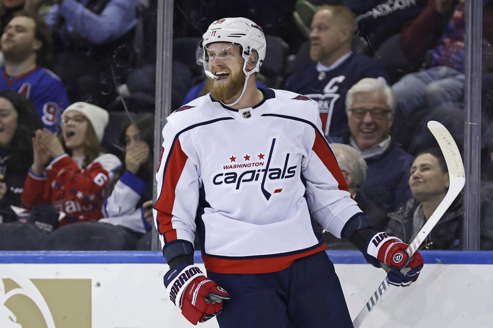Washington Capitals right wing Anthony Mantha reacts after scoring a goal against the New York Rangers during the second period of an NHL hockey game Wednesday, Dec. 27, 2023, in New York. (AP Photo/Adam Hunger)