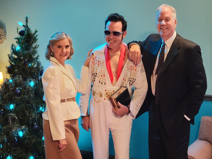 Scot Gehret of Davenport (center) plays The King in “Blue Christmas,” pictured with Rene Mauck and Dave Juehring.