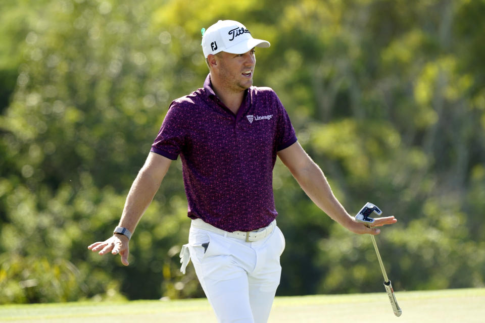 Justin Thomas reacts after finishing the final round of the Tournament of Champions golf event, Sunday, Jan. 9, 2022, at Kapalua Plantation Course in Kapalua, Hawaii. (AP Photo/Matt York)