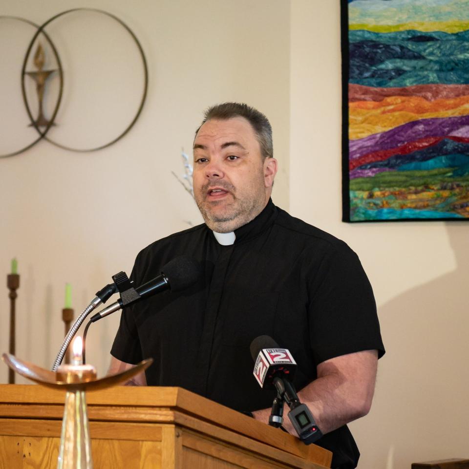 Rev. Michael Ballman of Cornerstone Community Church speaks at Utica Unitarian Universalist Church on Thursday, May 25, 2023 to call for County Executive Anthony Picente Jr. to reverse his position stating that Oneida County will not accept asylum seekers as New York City overflows with people in acute need of safety. 