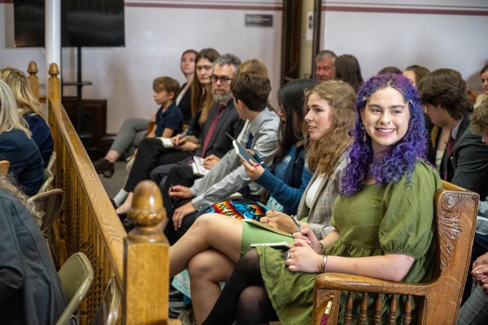 HELENA, MONTANA - JUNE 12: Youth plaintiffs await the start of the nation's first youth climate change trial at Montana's First Judicial District Court on June 12, 2023 in Helena, Montana. Sixteen claimants, ranging in age from 6 to 22, are suing the state for promoting fossil fuel energy policies that they say violate their constitutional right to a "clean and healthful environment". (Photo by William Campbell/Getty Images)