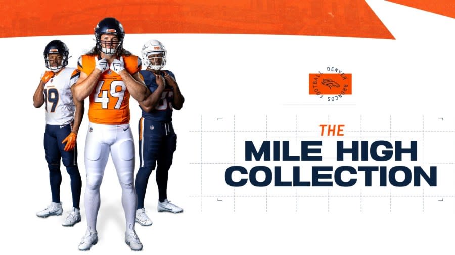 Three football players wearing uniforms; one white, one orange and one blue on a white and orange background that reads "The Mile High Collection"