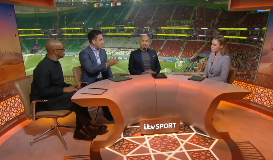 Gary Neville says he doesn’t feel conflicted over his role in Qatar. (Photo: ITV)