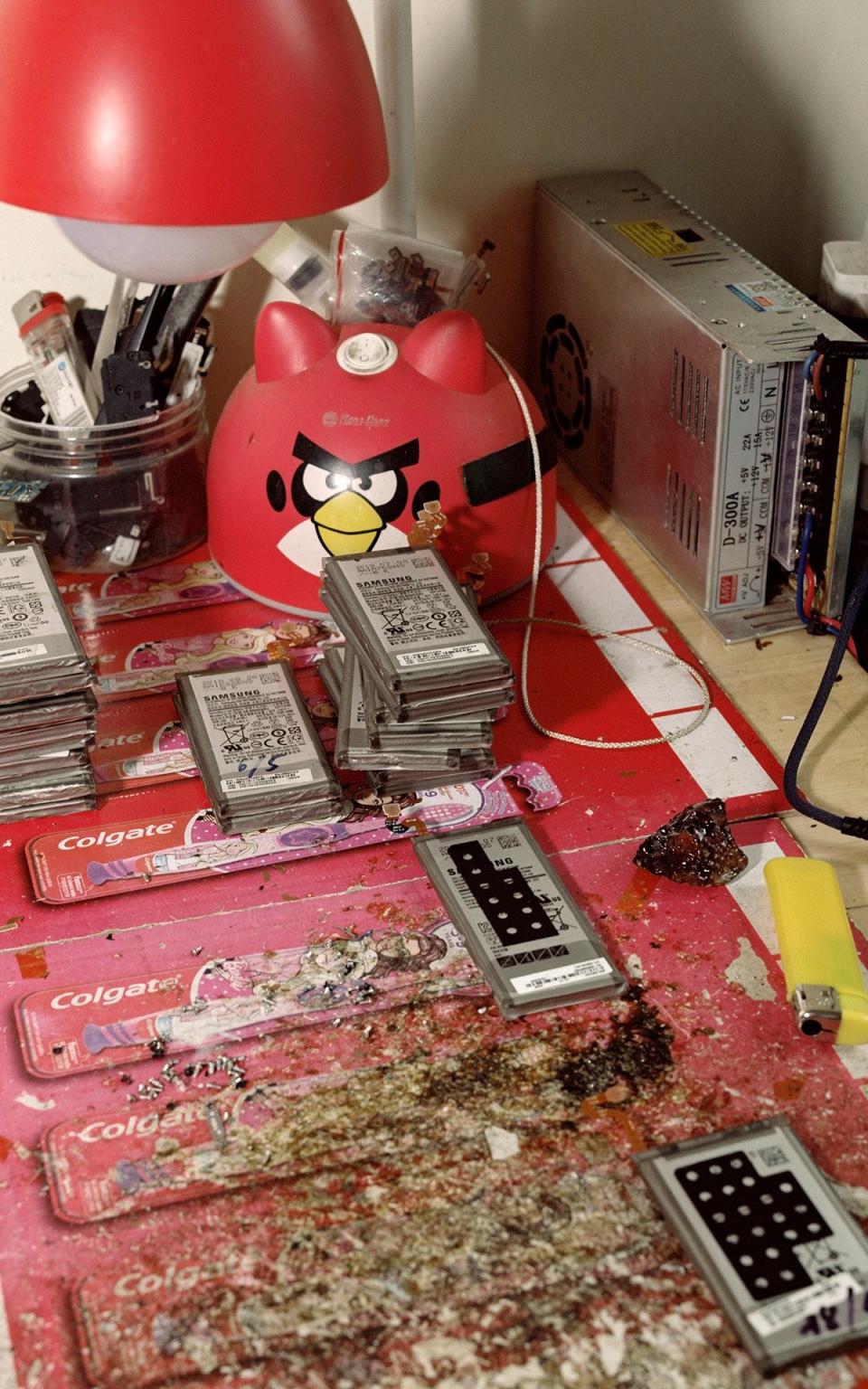 A work station and a close-up of an assembly desk