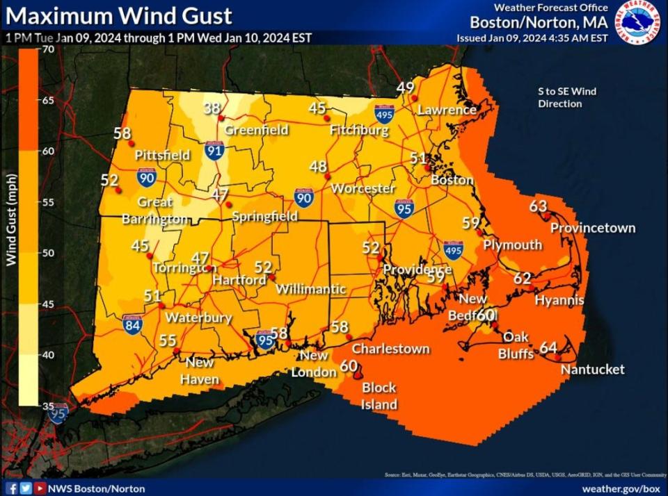This National Weather Service graphic shows expected maximum wind gusts from the storm Tuesday night into Wednesday.
