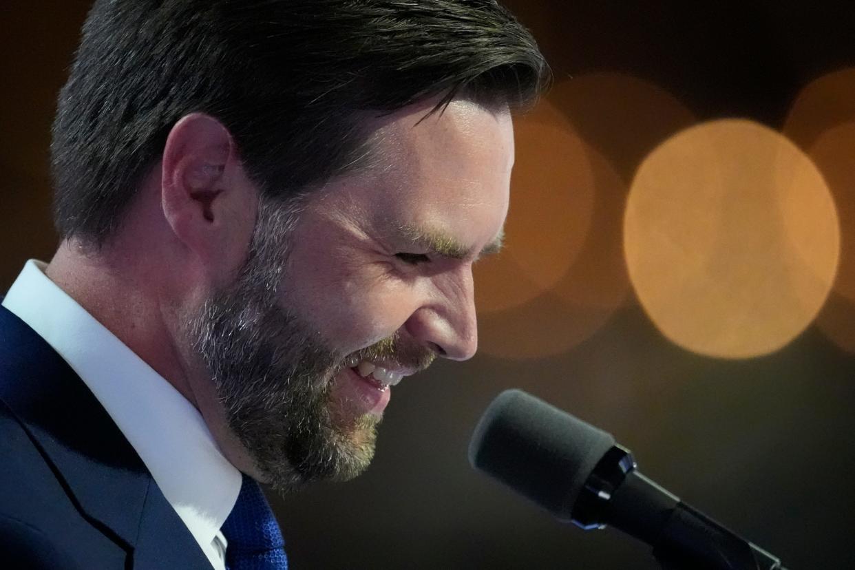 Republican vice presidential nominee Sen. J.D. Vance, R-Ohio, speaks during the third day of the Republican National Convention at Fiserv Forum. The third day of the RNC focused on foreign policy and threats. Mandatory Credit: ORG XMIT: USAT-890643