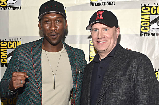 Mahershala Ali of "Blade" (MCU) and Kevin Feige of Marvel Studios at San Diego Comic-Con in July 2019<p>Alberto E. Rodriguez/Getty Images for Disney</p>